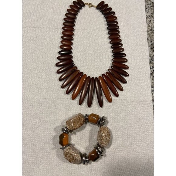 Breast Plate Necklace Graduated Wooden Beads & Stone Silver Tone Bracelet Chunky - Picture 1 of 9